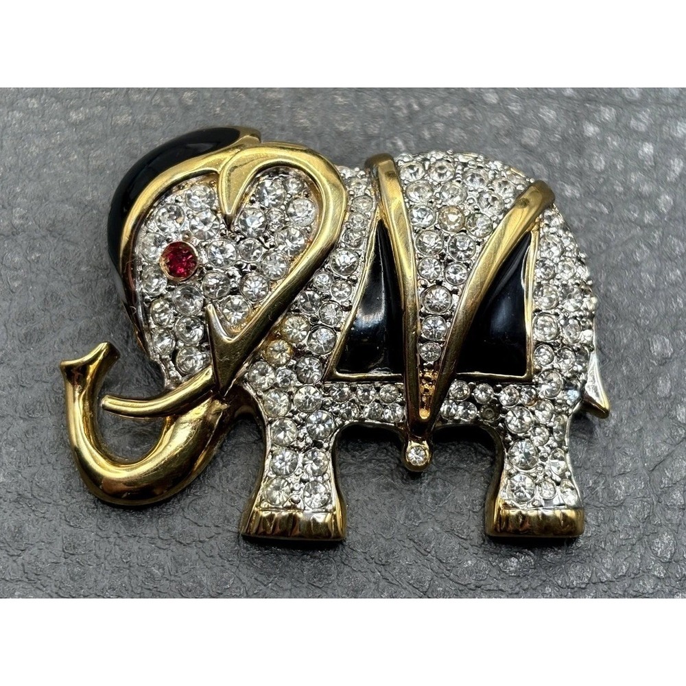 VTG D'Orlan 22K Gold Plated Elephant Brooch Enamel Made With Austrian Crystal